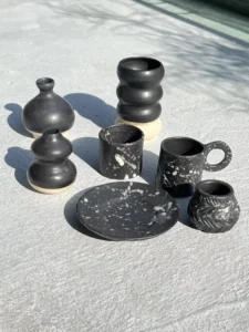 Handmade tableware ceramic set with black and white splash